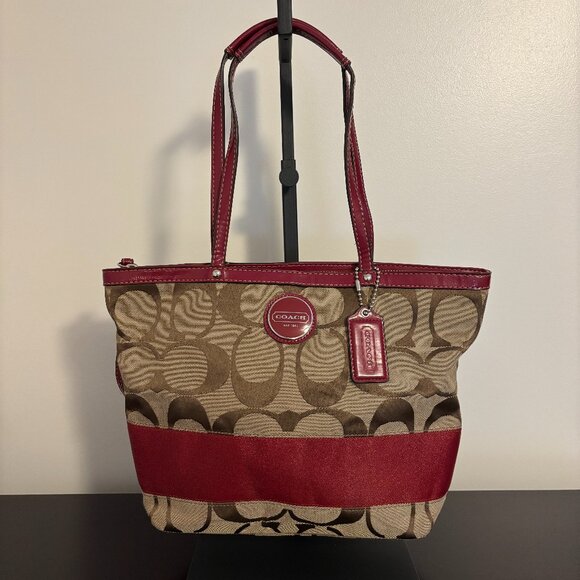 Coach Signature Khaki Red Stripe Red Patent Leather Medium Tote - Picture 1 of 11